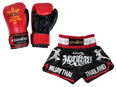 Muay Thai Bundle -Boxing gloves and Muay Thai Shorts with name : Set-133-Gloves-Black