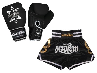 Muay Thai Bundle - Boxing gloves and Muay Thai Shorts with name: Set-143-Gloves-Black