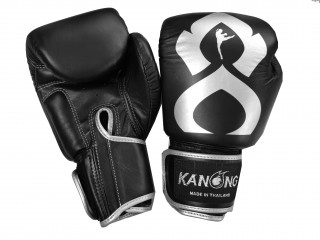 Kanong Genuine Leather Kick Boxing Gloves : "Thai Kick" Black/Silver