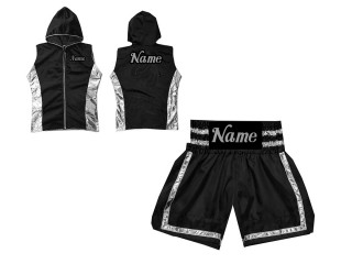 Customized Kanong Boxing Hoodies Jacket + Boxing Shorts : KNCUSET-007-Black-Silver