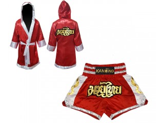 Customized Kanong Muay Thai Robe + Thai Boxing Shorts : Set-141-Red