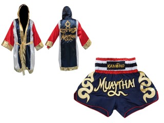 Customized Kanong Muay Thai Robe + Thai Boxing Shorts : Set-120-Navy-Thai Flag
