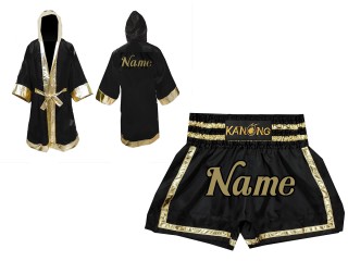 Customized Kanong Muay Thai Robe + Thai Boxing Shorts : Set-140-Black-Gold