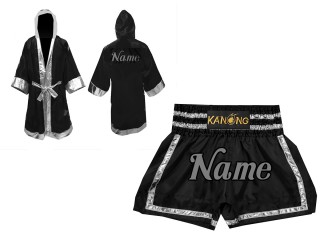 Customized Kanong Muay Thai Robe + Thai Boxing Shorts : Set-140-Black-Silver