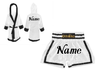 Customized Kanong Muay Thai Robe + Thai Boxing Shorts : Set-140-White-Black