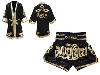 Customized Kanong Thai Boxing Robe + Thai Boxing Shorts : Black Lai Thai