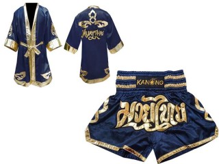 Customized Set Kanong Thai Boxing Robe + Kickboxing Shorts : Navy Lai Thai