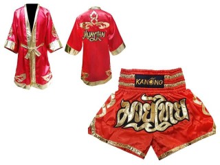 Customized Set Kanong Boxing Robe +  Boxing Shorts : Red Lai Thai