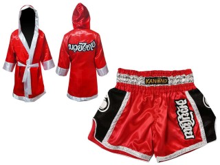 Muay Thai Bundle Set - Custom Boxing Robe + Muay Thai  Shorts : Red