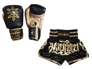 Matching Thai Boxing gloves and Thai Boxing Shorts with names : Model 121 Black