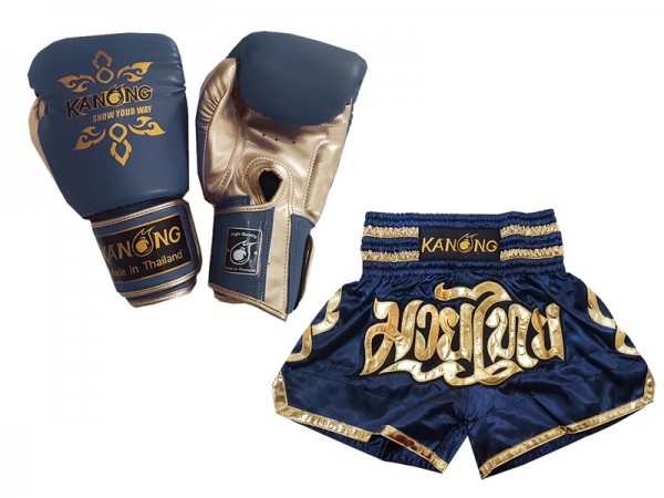 Matching Thai Boxing gloves and Thai Boxing Shorts with names : Model 121 Navy