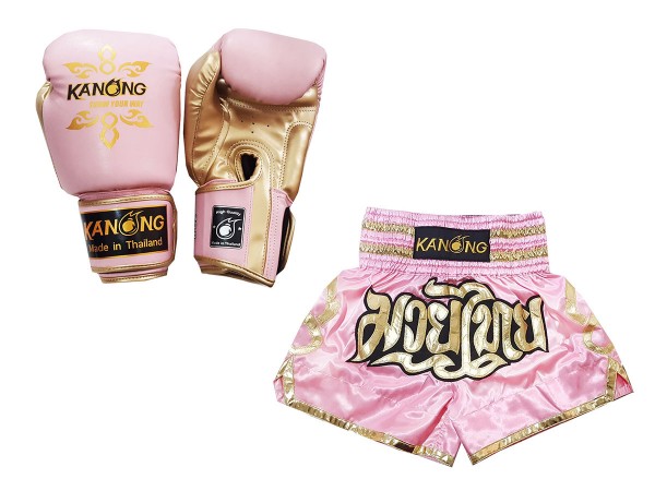 Matching Thai Boxing gloves and Thai Boxing Shorts with names : Model 121 Pink