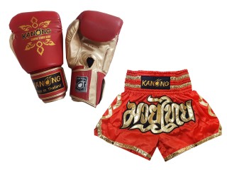 Matching Thai Boxing gloves and Thai Boxing Shorts with name : Model 121 Red