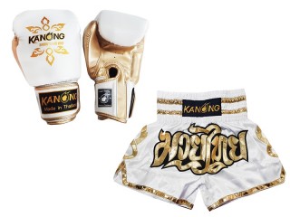 Matching Thai Boxing gloves and Thai Boxing Shorts with names : Model 121 White