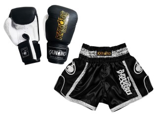 Matching Thai Boxing gloves and Thai Boxing Shorts with names : Model 208 Black