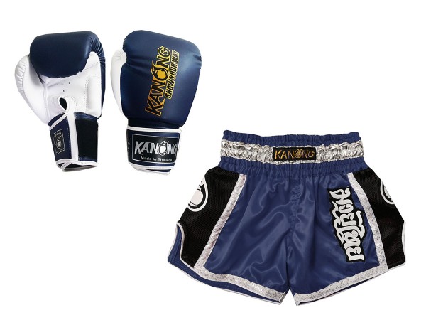 Bundle Thai Boxing gloves and Thai Boxing Shorts with names : Model 208 Navy