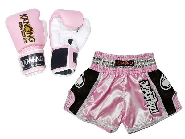Bundle Thai Boxing gloves and Thai Boxing Shorts with names : Model 208 Pink