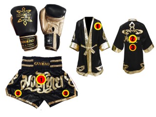 Set of Thai Boxing Gloves + custom shorts + custom robe : Black Thai Power