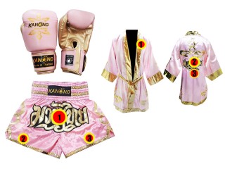 Personalized Set of Thai Boxing Gloves + custom shorts + custom robe : Pink Thai Power