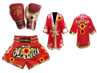Personalized Set of Thai Boxing Gloves + custom shorts + custom robe : Red Thai Power