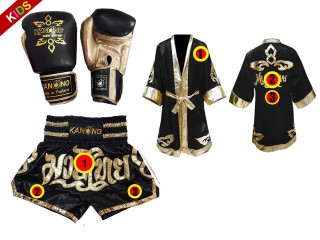 Set of Thai Boxing Gloves + custom shorts + custom robe for kids : Black Thai Power