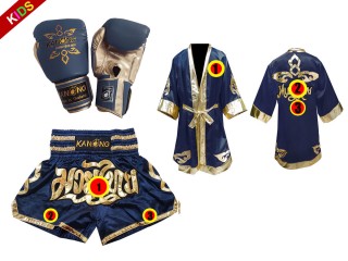 Customized Set of Thai Boxing Gloves + custom shorts + custom robe for kids : Navy Thai Power