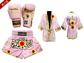 Customized Set of Thai Boxing Gloves + custom shorts + custom robe for kids : Pink Thai Power