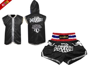 Kanong Customized Thai Boxing Hoodies + Thai Boxing Shorts for Children : Black Elephant