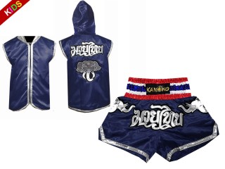 Muay Mauy Thai Set - Customized Muay Thai Hoodies + Boxing Shorts for Children : Navy Elephant