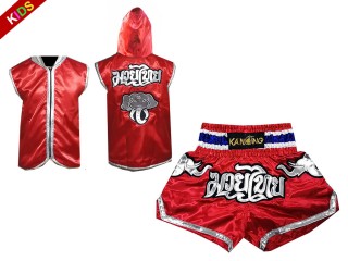Kanong Customized Thai Boxing Hoodies + Thai Boxing Shorts for Children : Red Elephant