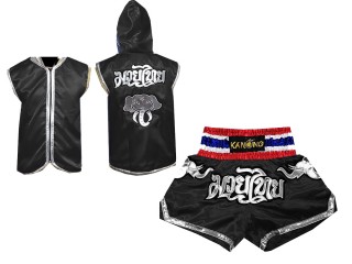 Muay Thai Pack - Customize Boxing Hoodies + Thai Boxing Shorts : Black Elephant