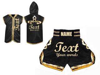 Customized Kanong Thai Boxing Hoodies Jacket + Boxing Shorts : Black/Gold