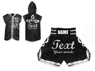 Customized Kanong Thai Boxing Hoodies Jacket + Boxing Shorts : Black/Silver
