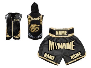 Customized Kanong Thai Boxing Hoodies Jacket + Boxing Shorts : Black