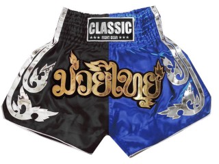 Classic Muay Thai Boxing Kickboxing Shorts : CLS-015-Black-Blue