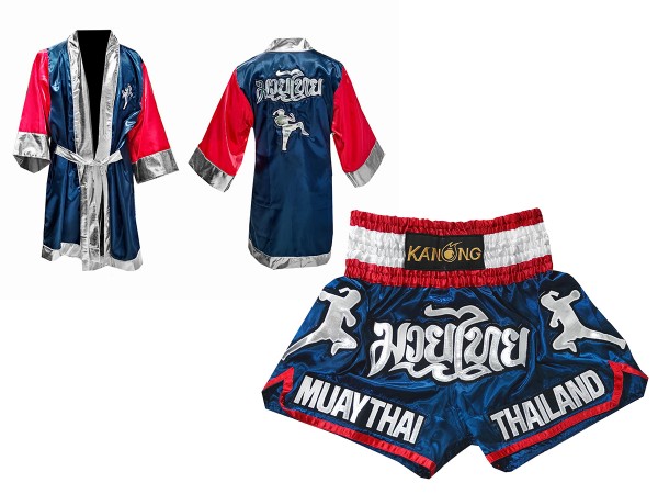 Customized Kanong Fighting Robe + Thai Boxing Shorts : Navy Nak Muay