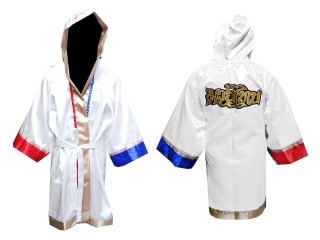 Customized Boxing Robe, Custom Boxing Gown with hood : KNFIR-128-White