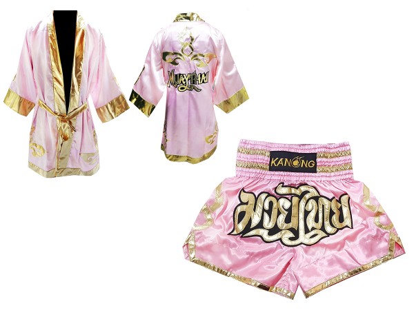 Customized Kanong Thai Boxing Robe + Thai Boxing Shorts : Pink Lai Thai