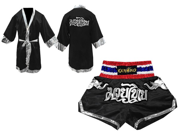 Kanong Custom Fighting Robe + Thai Boxing Shorts : Black/Elephant