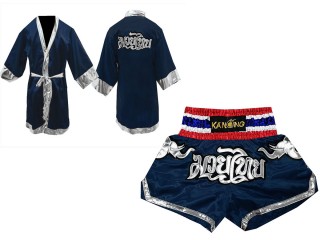 Kanong Custom Fighting Robe + Thai Boxing Shorts : Navy/Elephant
