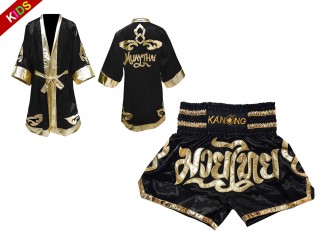 Kanong Custom Fighting Robe + Thai Boxing Shorts for Children : Black Lai Thai