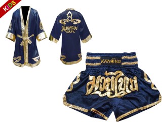 Kanong Fighting Robe + Muay Thai Shorts for Children : Navy Lai Thai