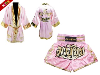 Kanong Custom Fighting Robe + Thai Boxing Shorts for Children : Pink Lai Thai