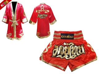 Kanong Custom Fighting Robe + Thai Boxing Shorts for Children : Red Lai Thai